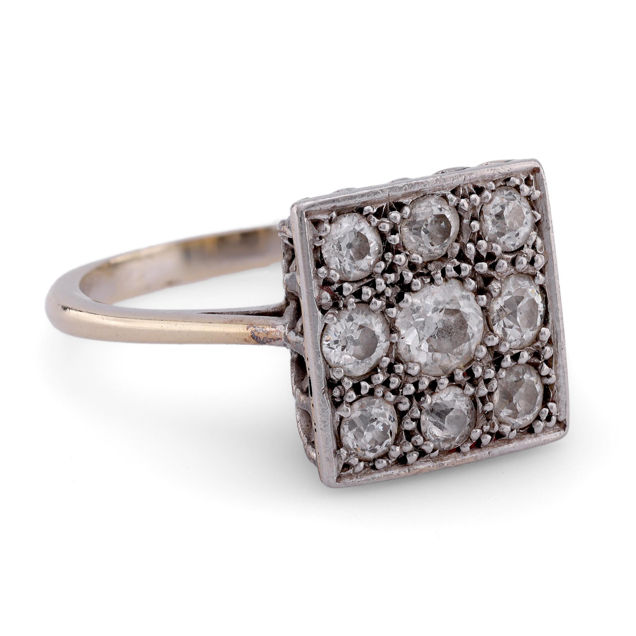 Old Mine Cut French Antique Diamond 18K Yellow Gold and Platinum Square Nine Stone Ring