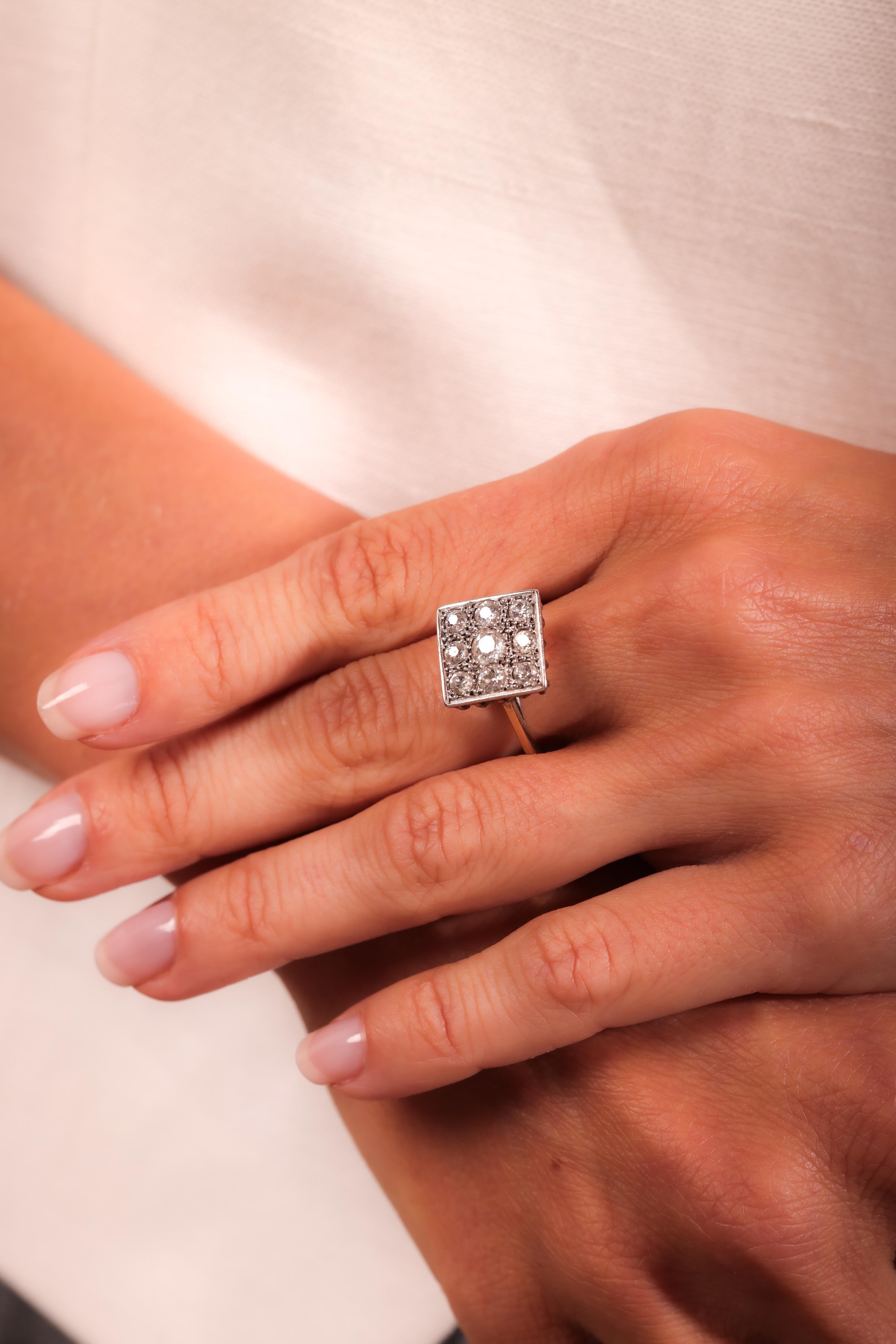 French Antique Diamond 18K Yellow Gold and Platinum Square Nine Stone Ring In Excellent Condition In Beverly Hills, CA