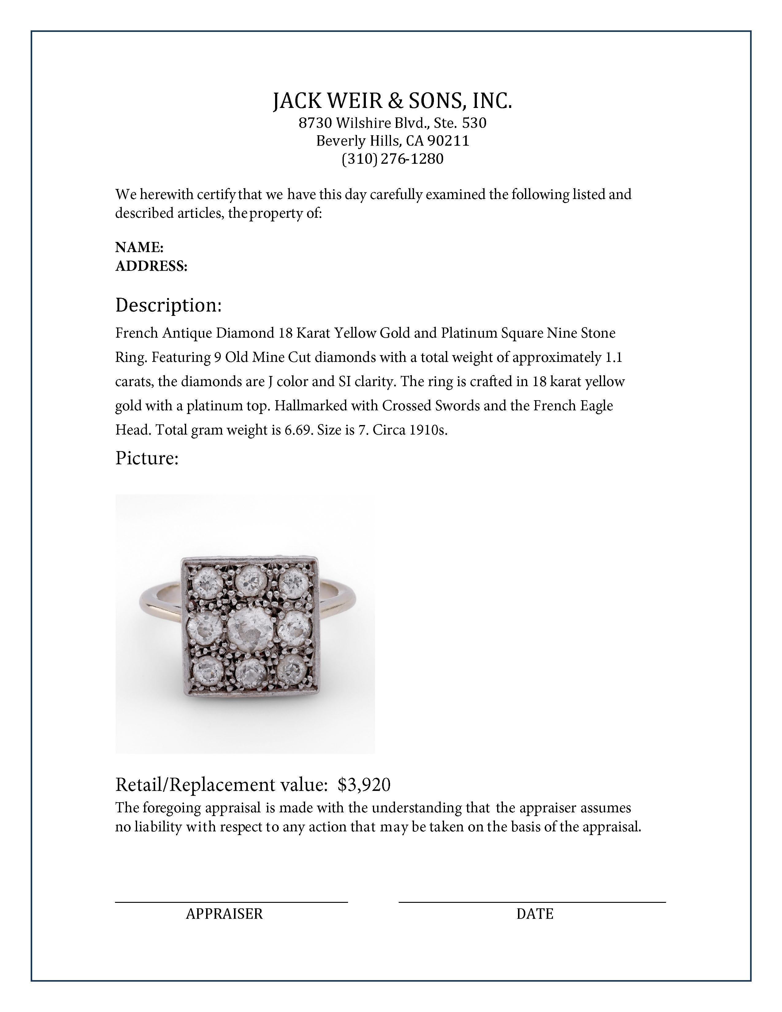 Women's or Men's French Antique Diamond 18K Yellow Gold and Platinum Square Nine Stone Ring