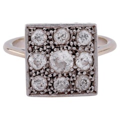 French Antique Diamond 18K Yellow Gold and Platinum Square Nine Stone Ring