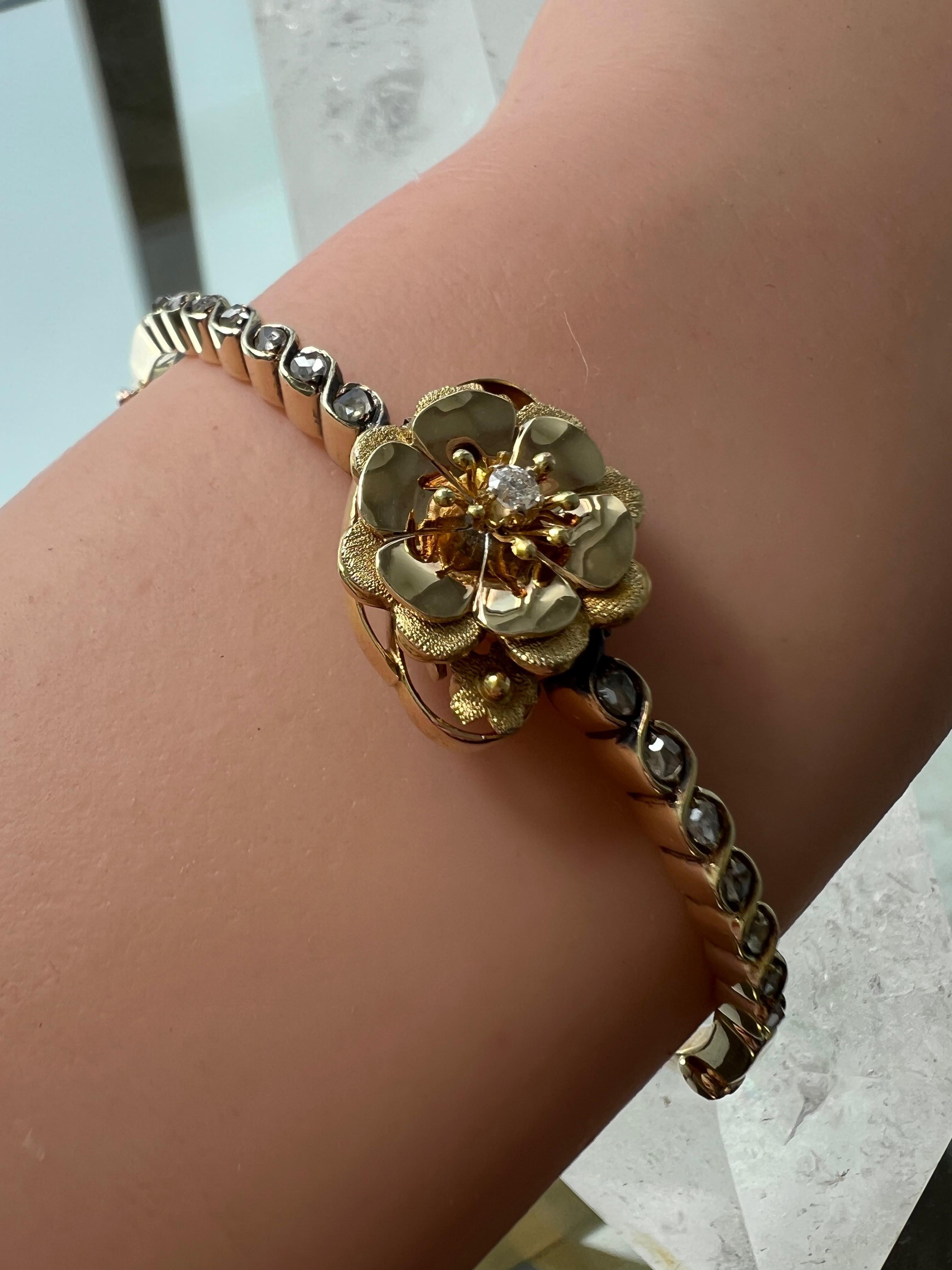 Rose Cut French Antique Diamond 18K Yellow Gold Hinged Floral Bangle Bracelet. For Sale