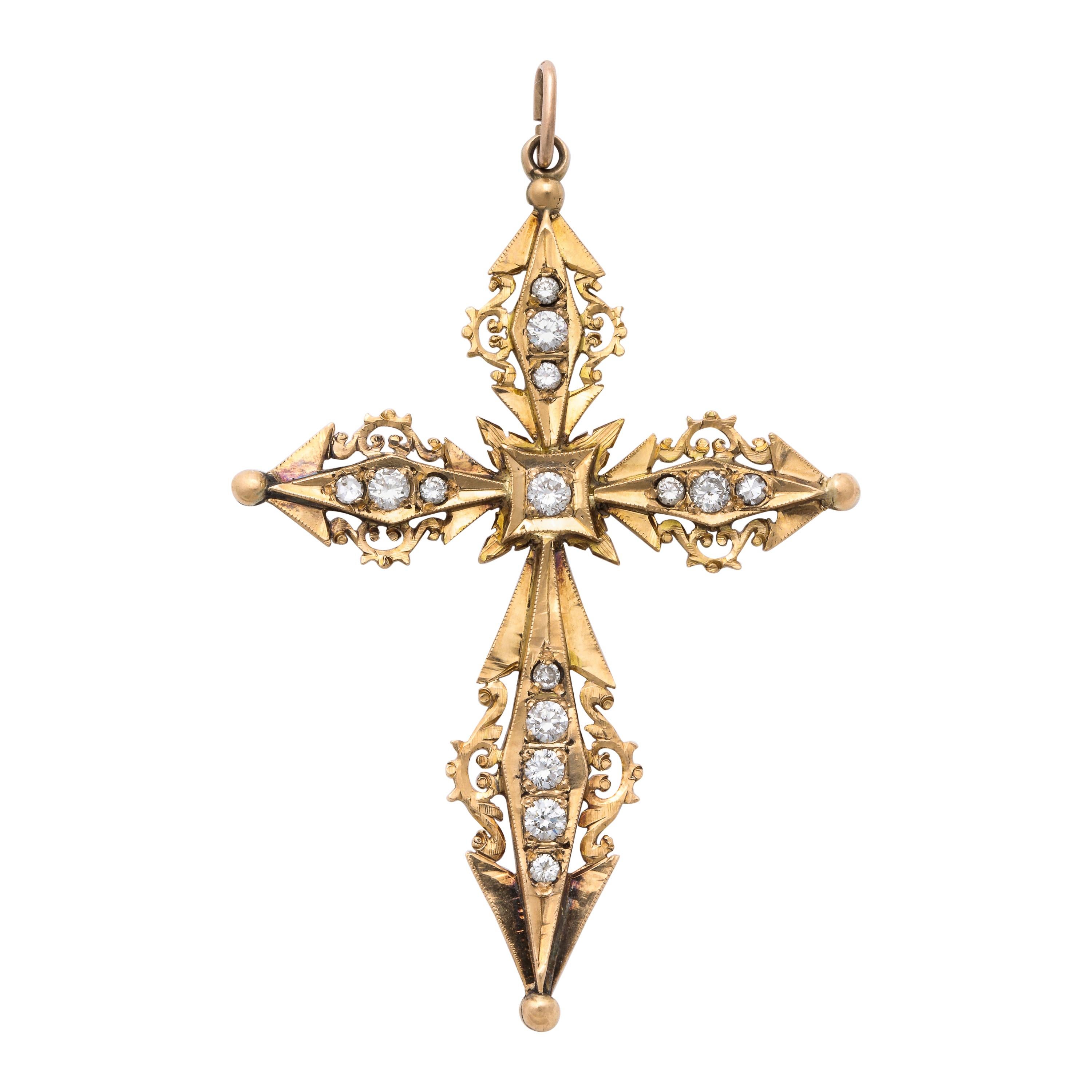French Antique Diamond and Gold Cross