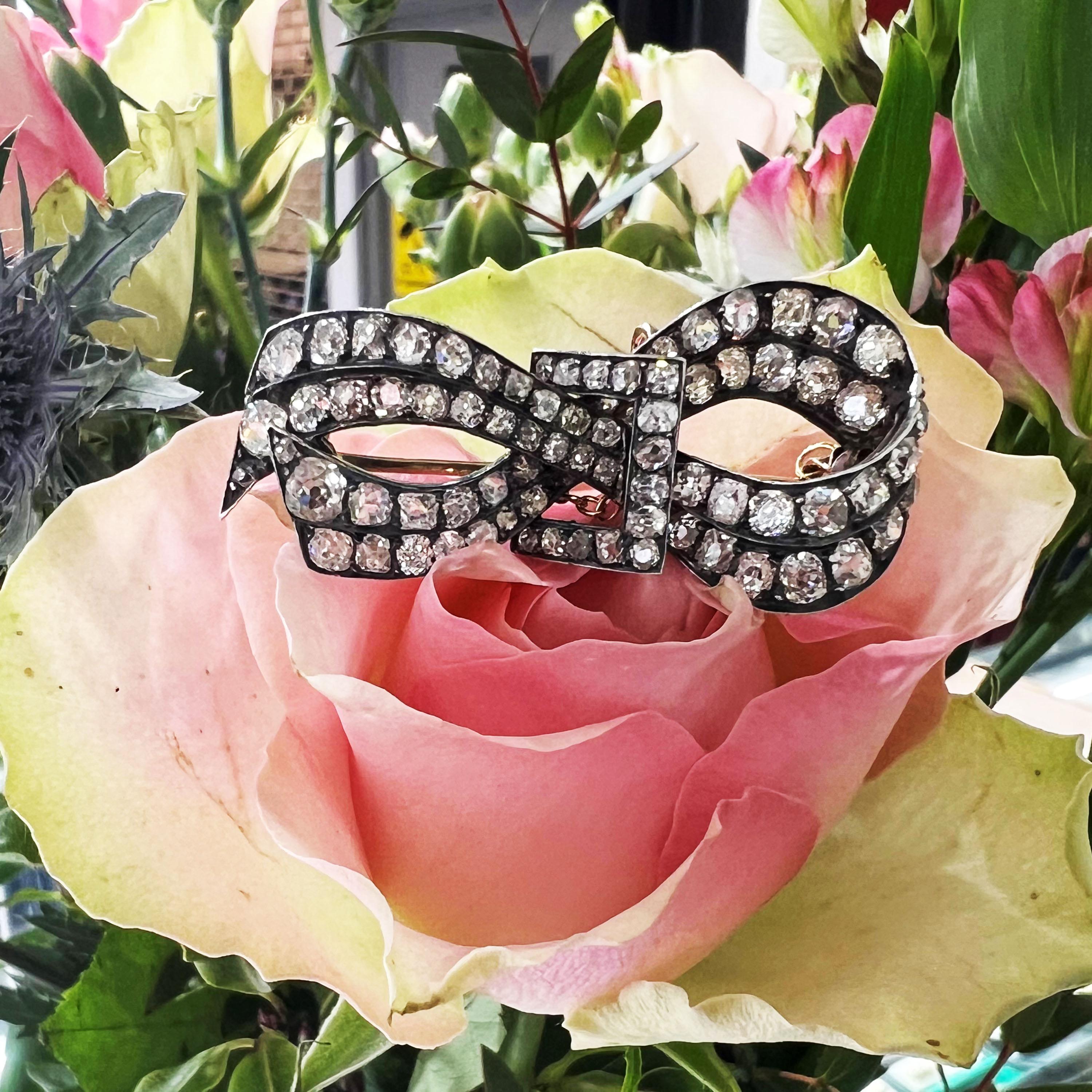 Women's French Antique Diamond and Silver Upon Gold Bow Brooch, circa 1880 For Sale