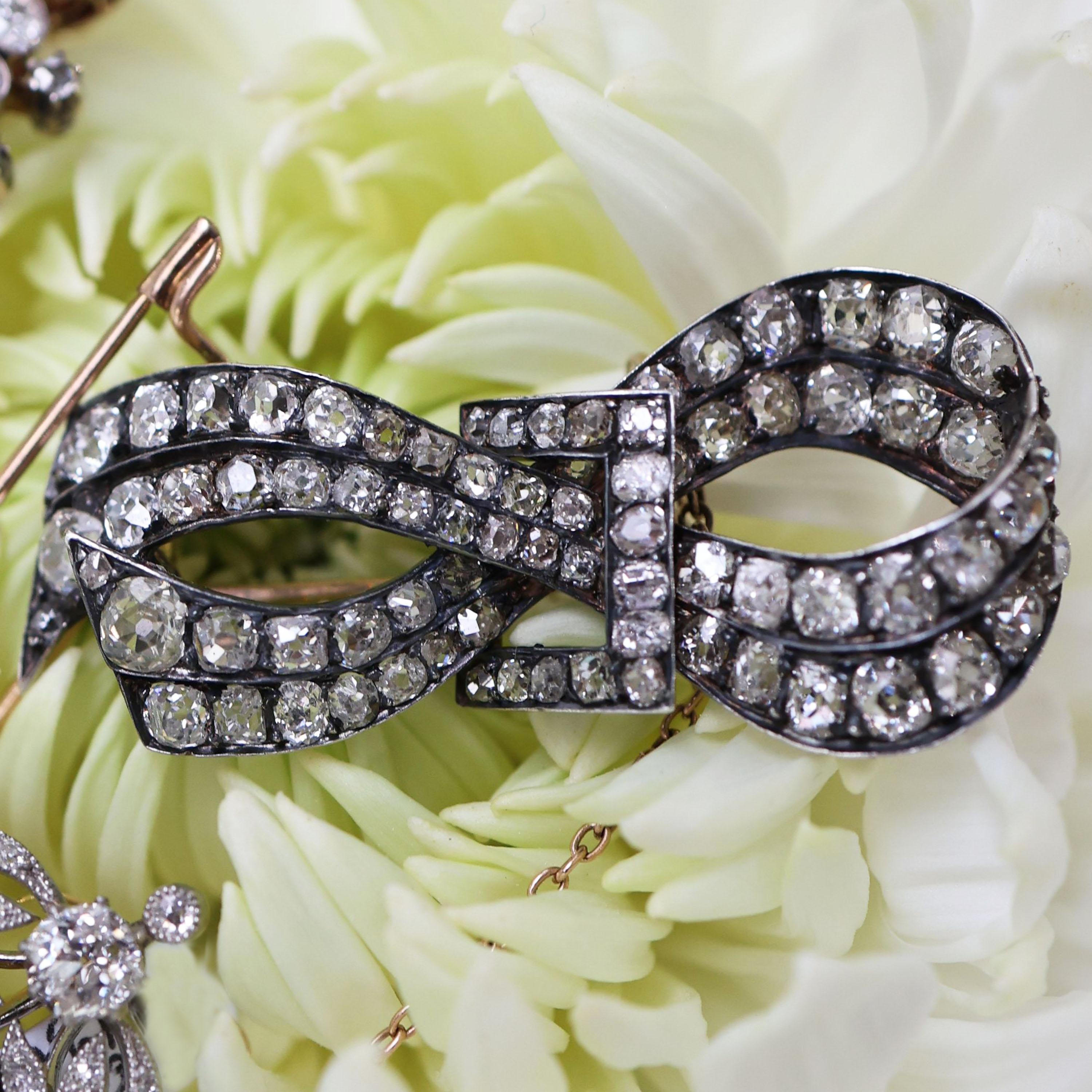 Old Mine Cut French Antique Diamond and Silver Upon Gold Bow Brooch, circa 1880 For Sale