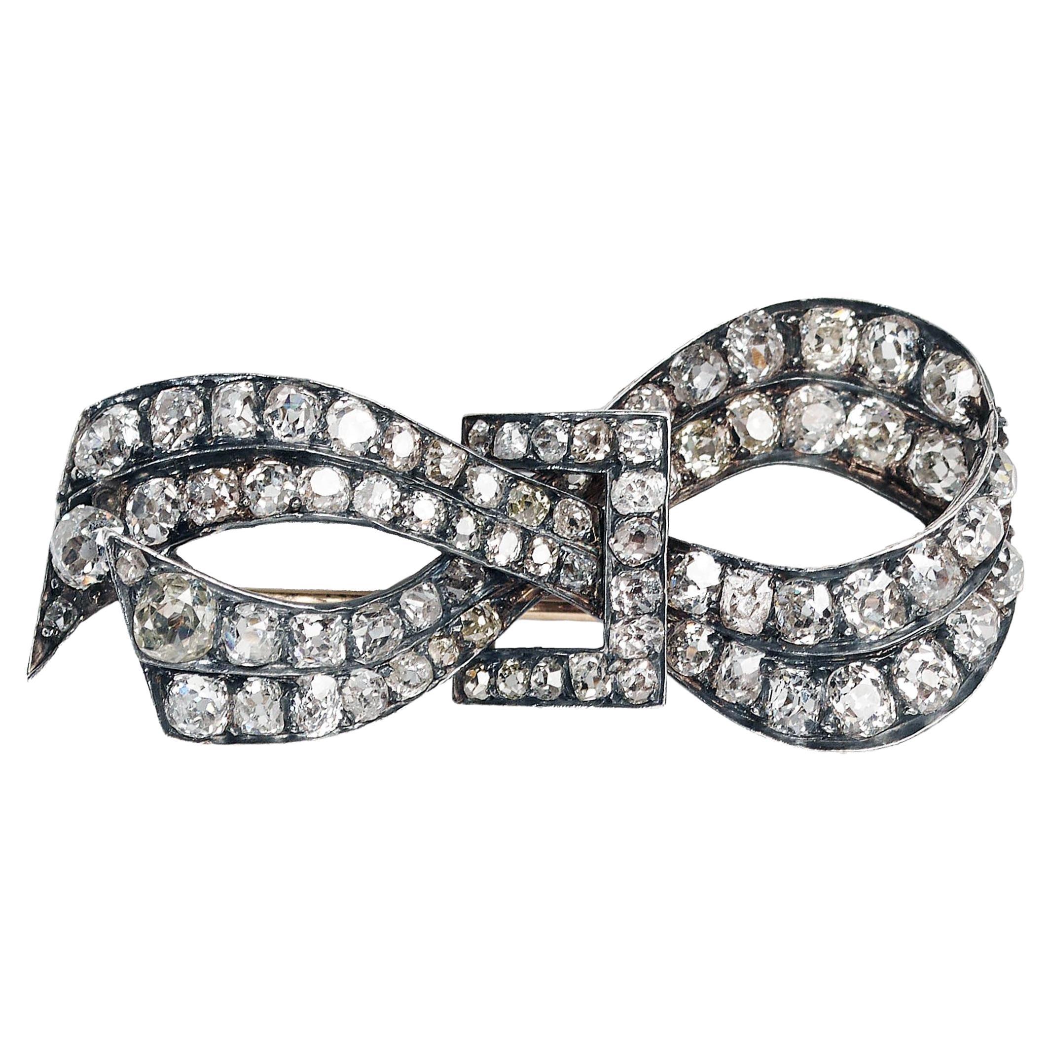 French Antique Diamond and Silver Upon Gold Bow Brooch, circa 1880