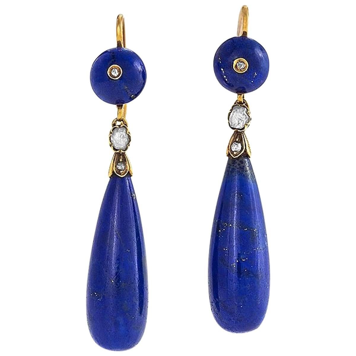 French Antique Diamond Lapis Lazuli and Gold Pendant Earrings