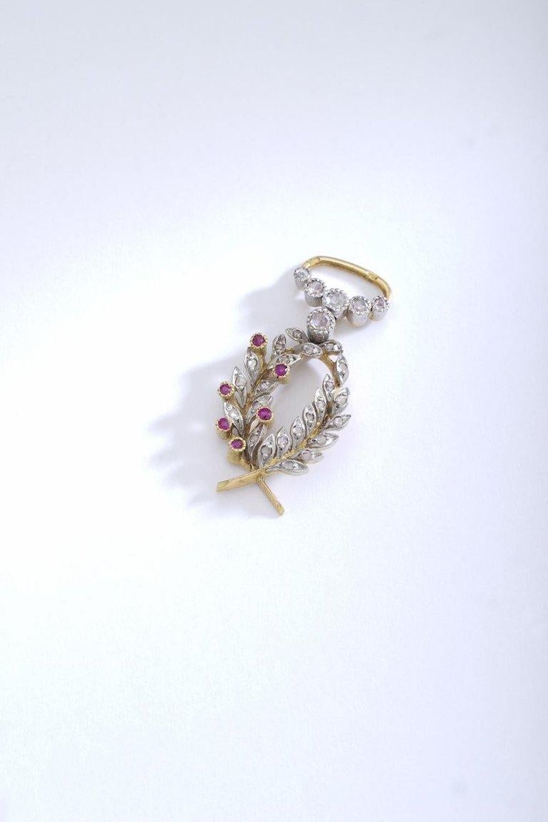 French Antique Diamond Ruby Pearl Platinum and Gold Pendant Charm In Excellent Condition In Geneva, CH