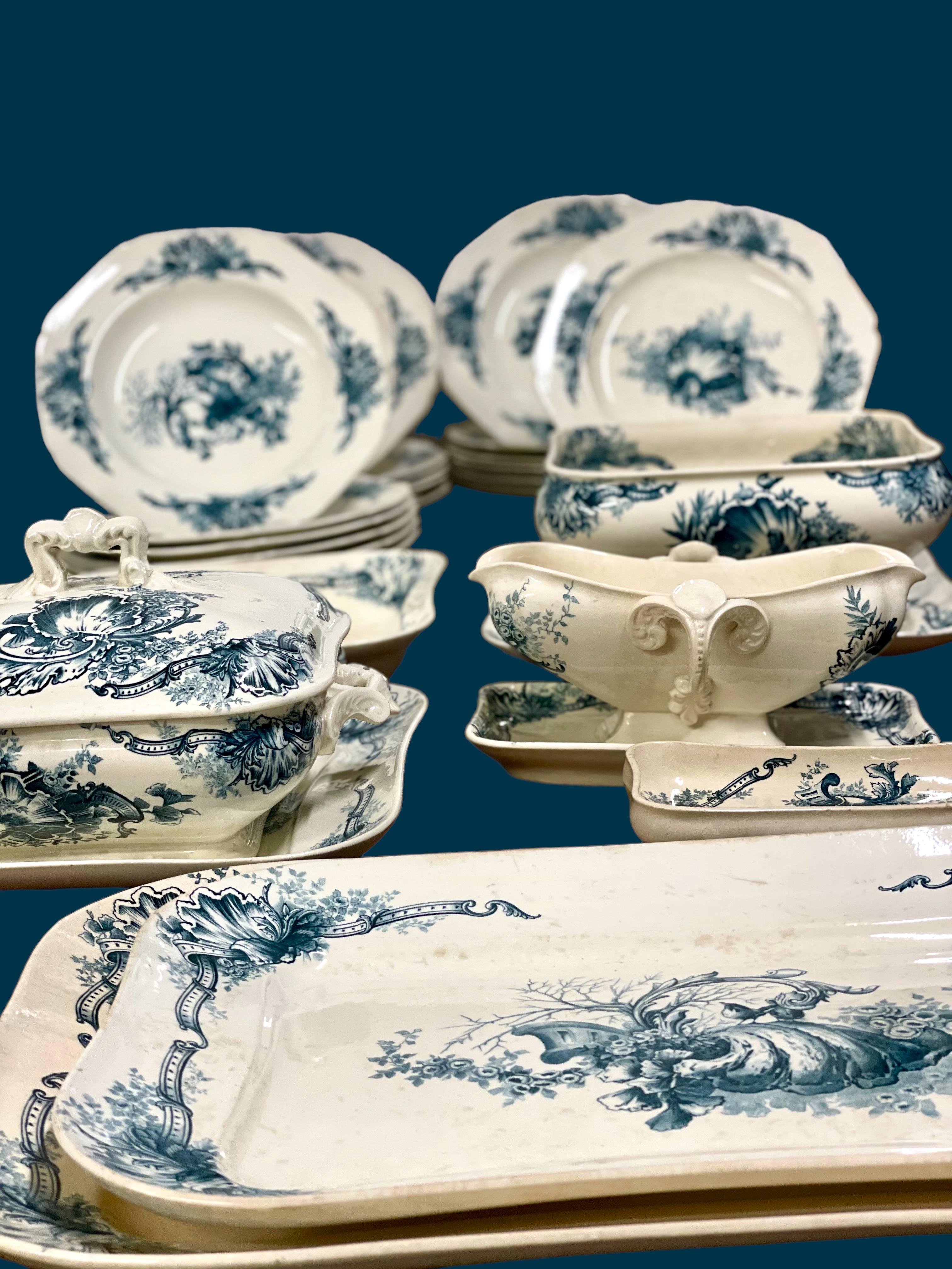 Antique French Blue and White Ironstone Dinner Set by Hautin Boulenger & Cie For Sale 9