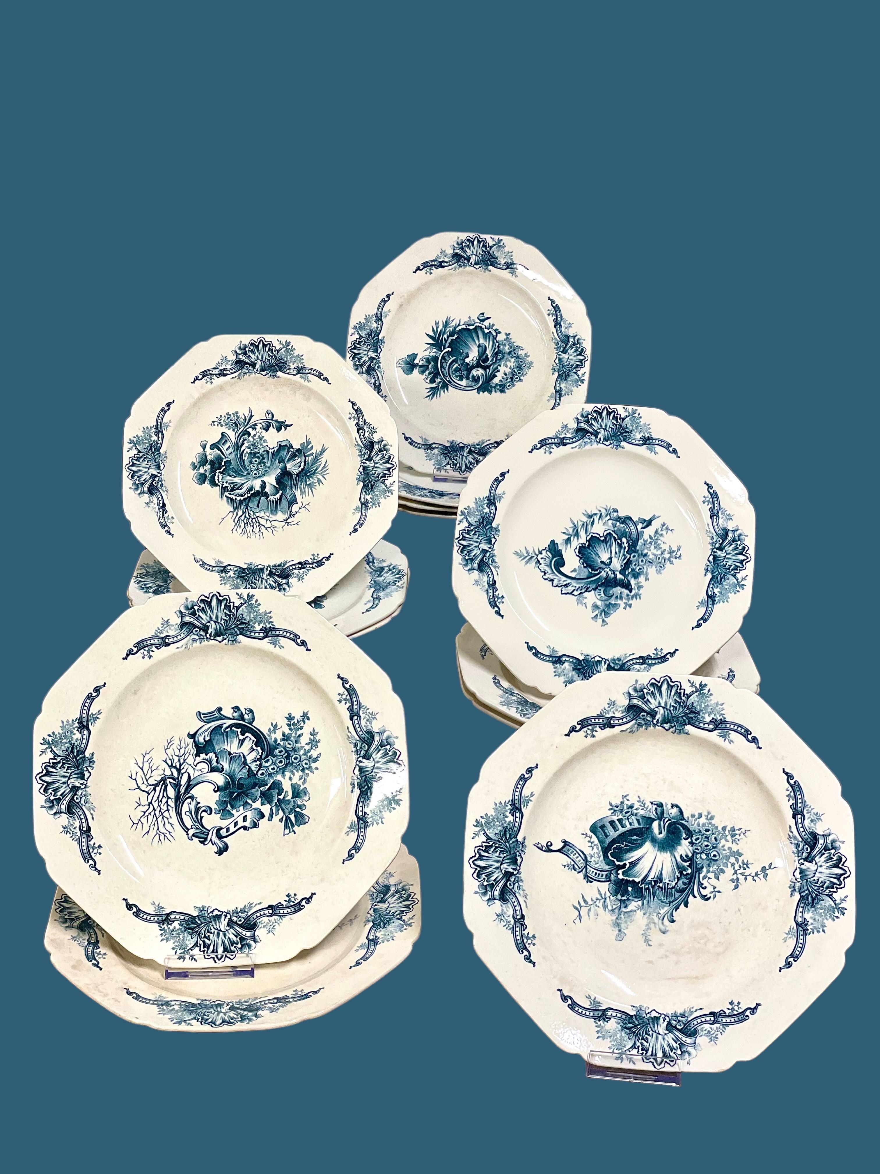 Antique French Blue and White Ironstone Dinner Set by Hautin Boulenger & Cie For Sale 13