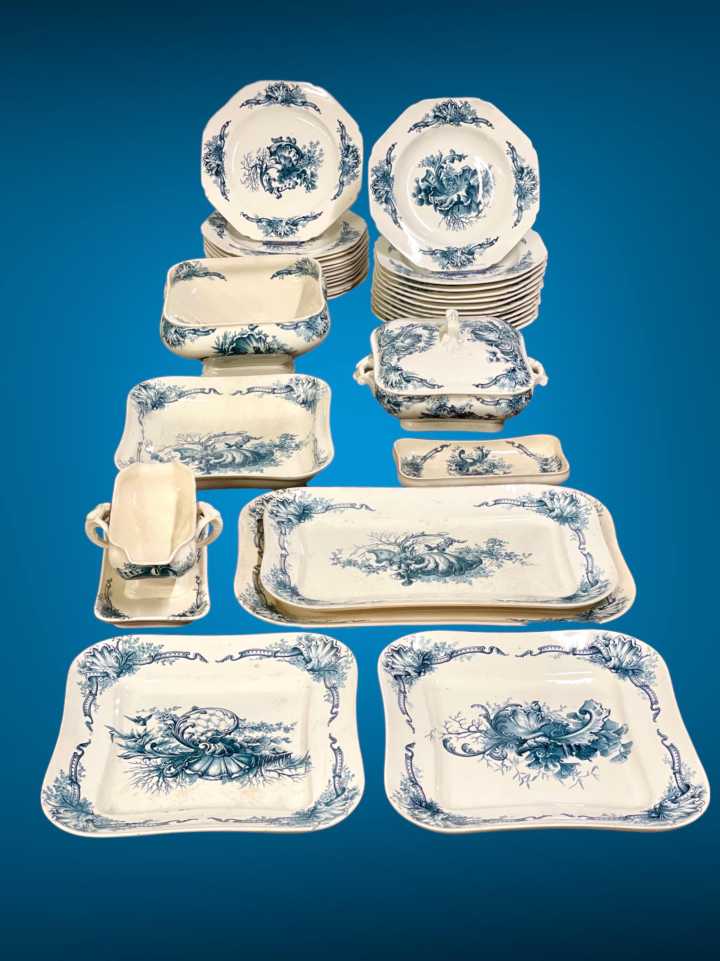 Antique French Blue and White Ironstone Dinner Set by Hautin Boulenger & Cie For Sale 14