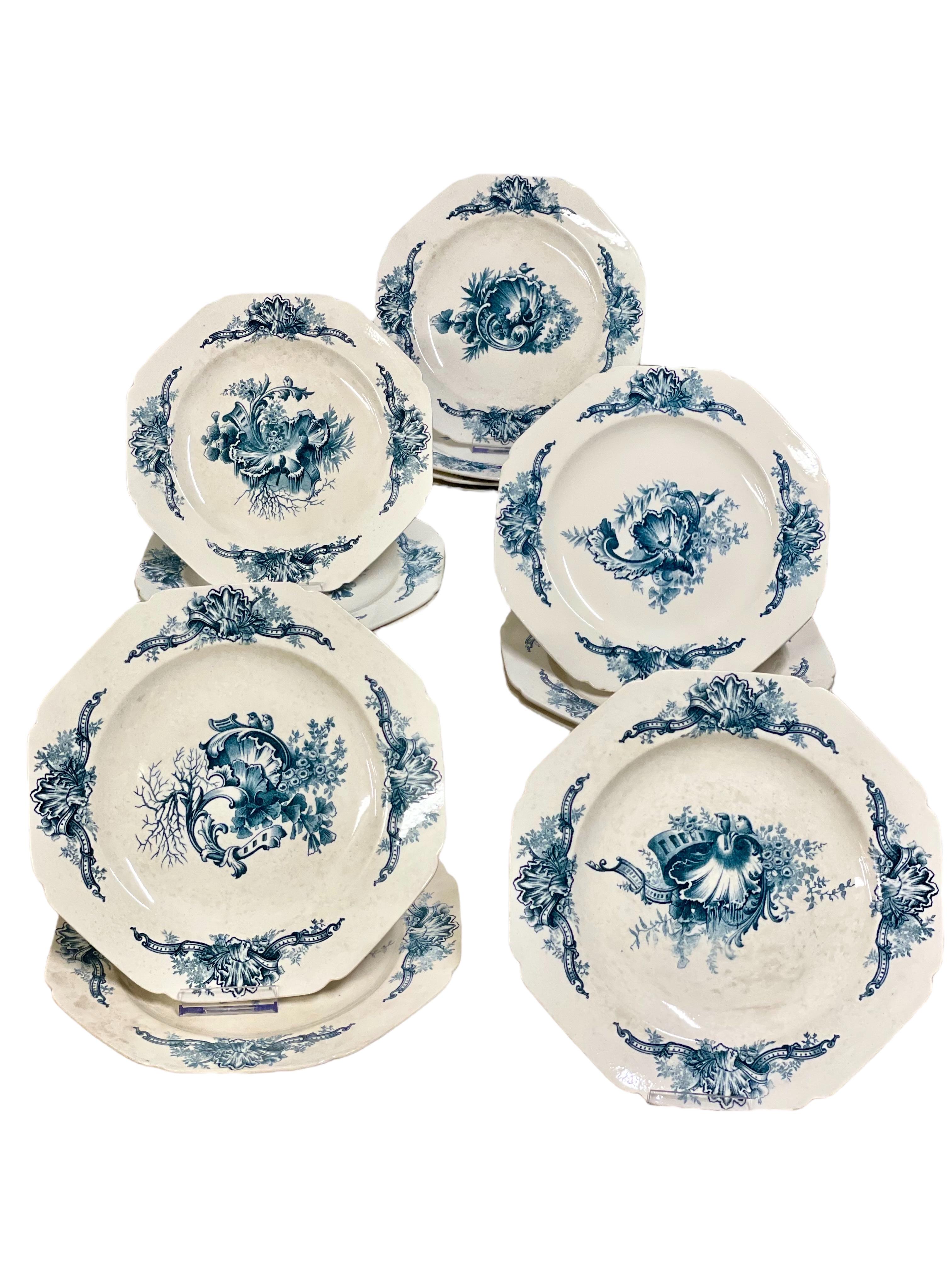 A delightful 33-piece dinner service in traditional blue and white antique French ironstone, made by the famous French faience manufacturer Hautin, Boulenger & Company (HB & Cie) of Choisy le Roi, in the south-eastern suburbs of Paris. Dating from