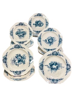 Antique French Blue and White Ironstone Dinner Set by Hautin Boulenger & Cie