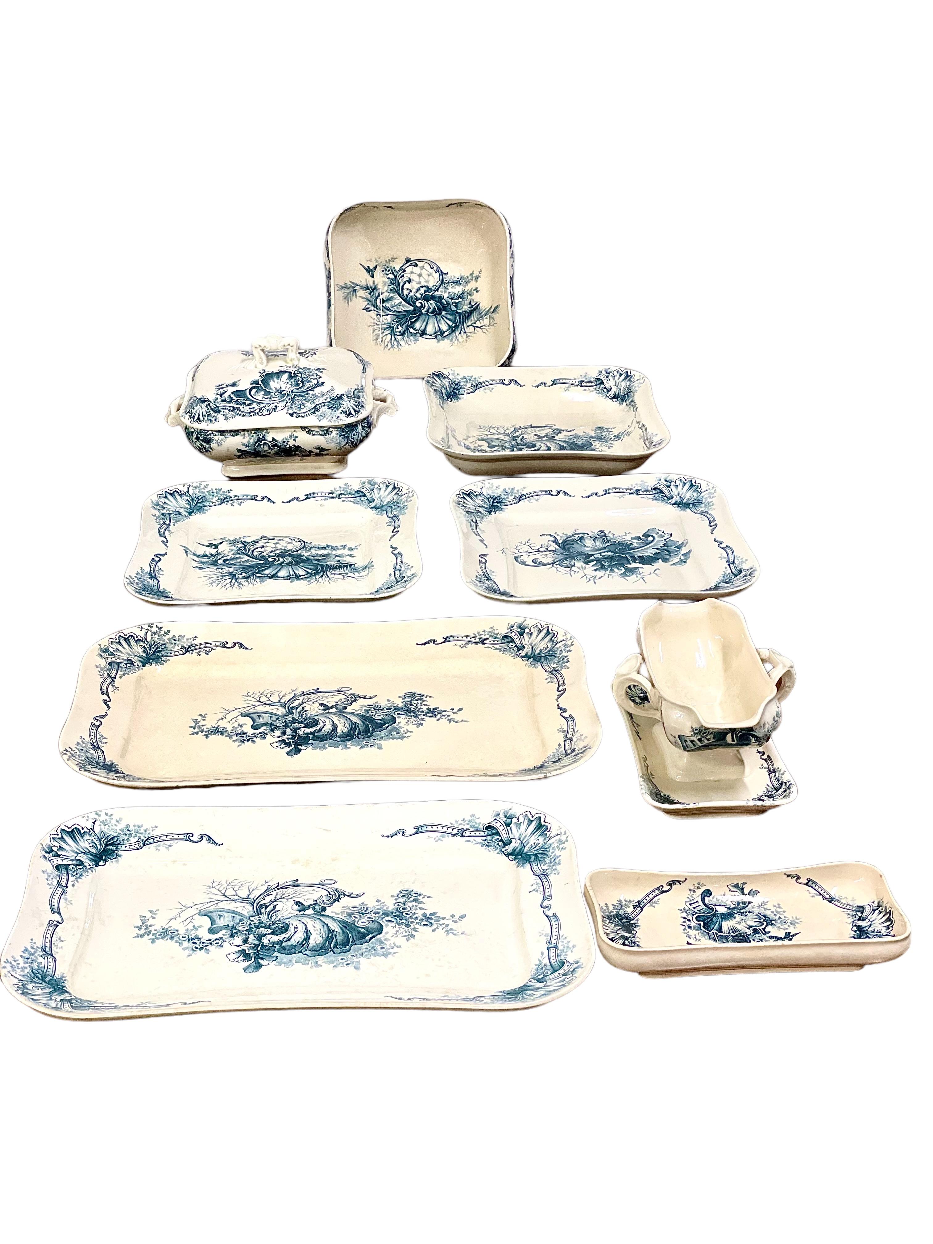 Louis XV Antique French Blue and White Ironstone Dinner Set by Hautin Boulenger & Cie For Sale