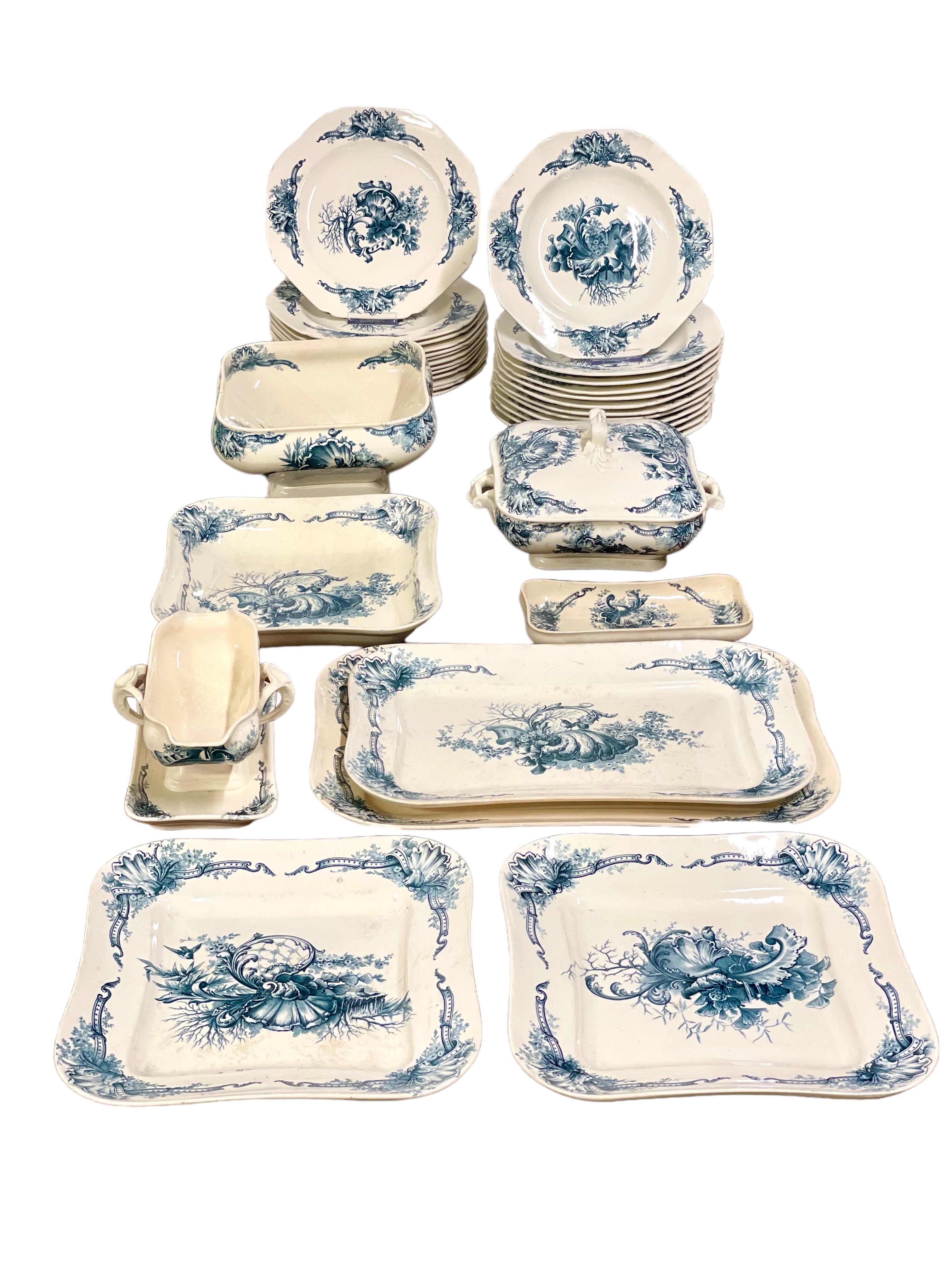 Antique French Blue and White Ironstone Dinner Set by Hautin Boulenger & Cie
