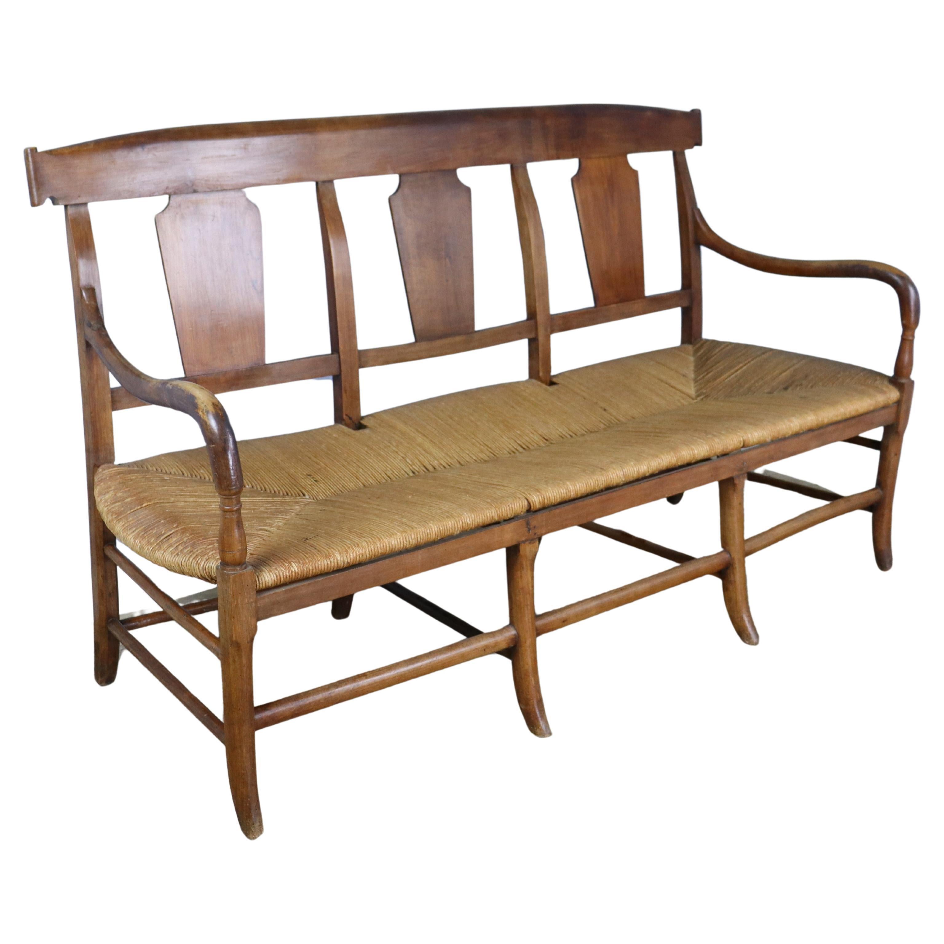 French Antique Directoire Cherry Sofa, Rush Seat For Sale