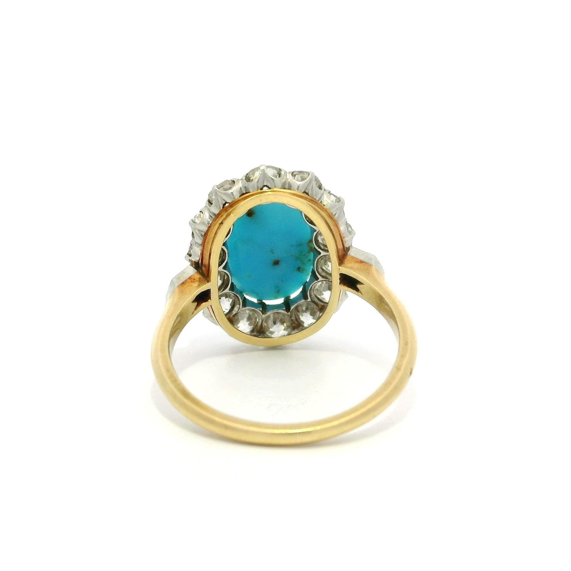 Anillo de diamantes talla antigua en oro y platino de 18 quilates con turquesa francesa eduardiana en venta 4