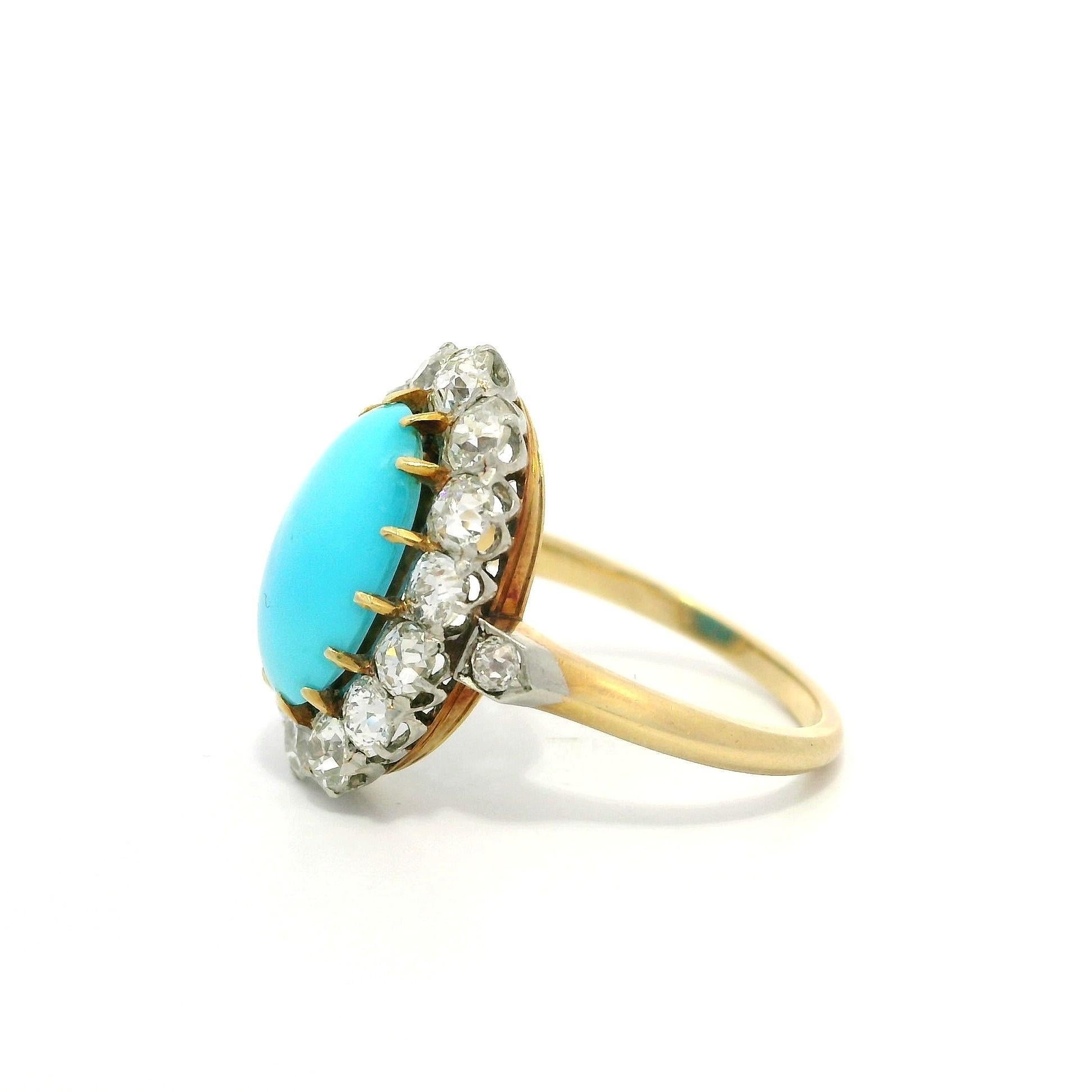 Anillo de diamantes talla antigua en oro y platino de 18 quilates con turquesa francesa eduardiana en venta 5