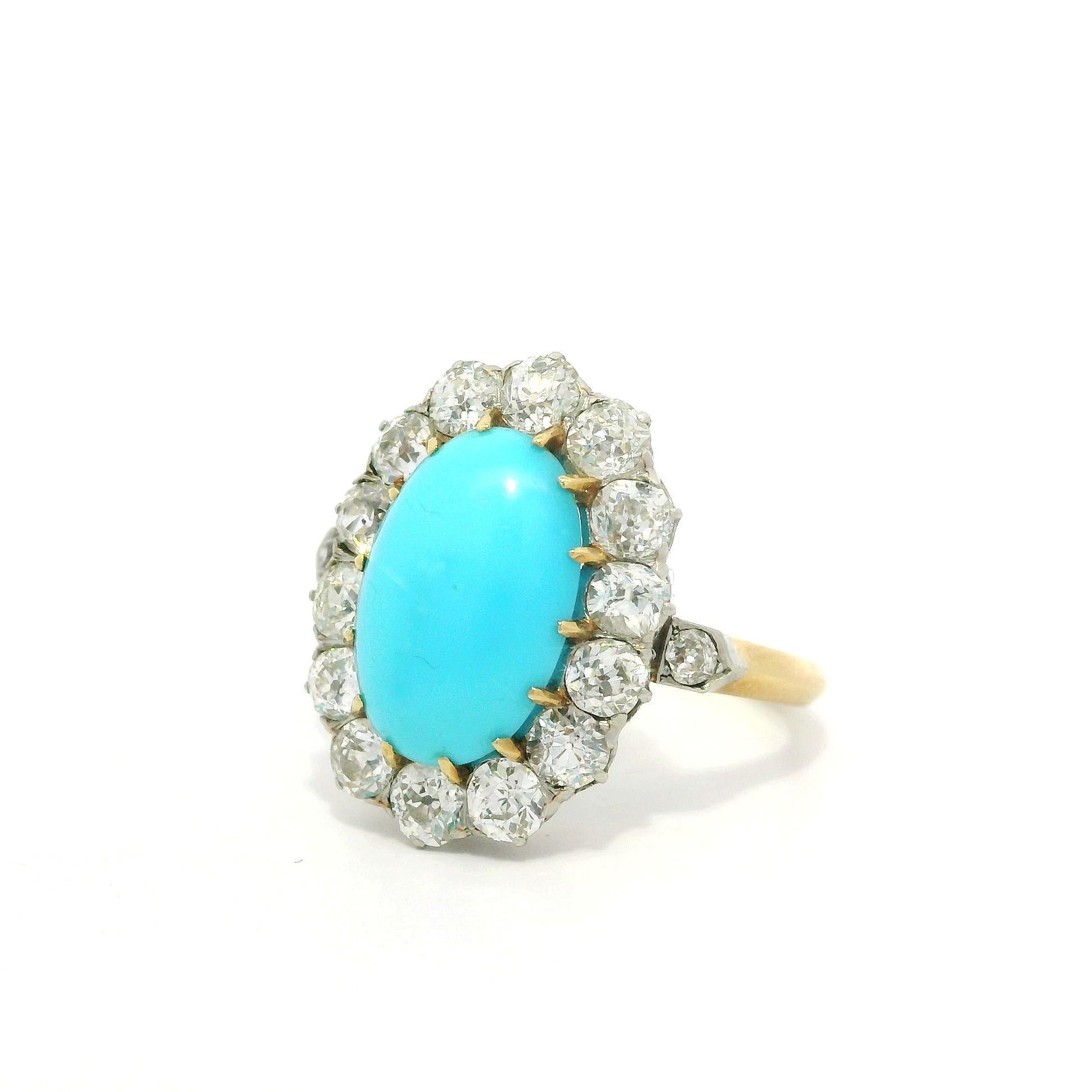 Anillo de diamantes talla antigua en oro y platino de 18 quilates con turquesa francesa eduardiana en venta 6