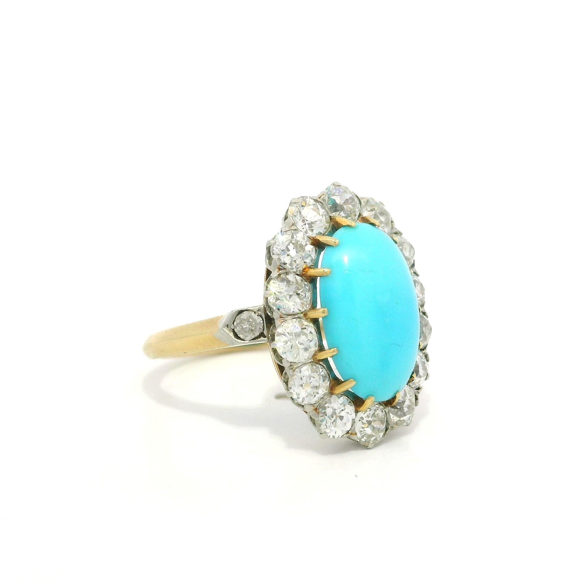 Anillo de diamantes talla antigua en oro y platino de 18 quilates con turquesa francesa eduardiana en venta 8