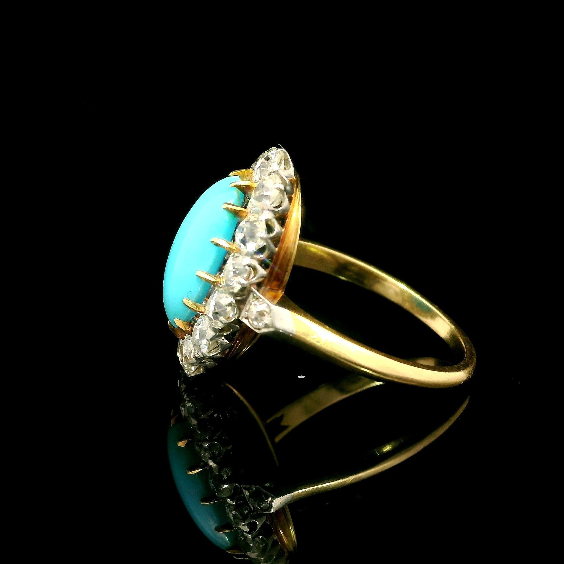 --Piedra(s):--
(1) Turquesa natural auténtica - Cabujón ovalado - Engastado - Color azul huevo de petirrojo - 12,15 x 8,24 mm (aprox.)
(16) Diamante natural genuino - talla vieja mina - engastado cola de pez - Bonitos diamantes blancos brillantes
