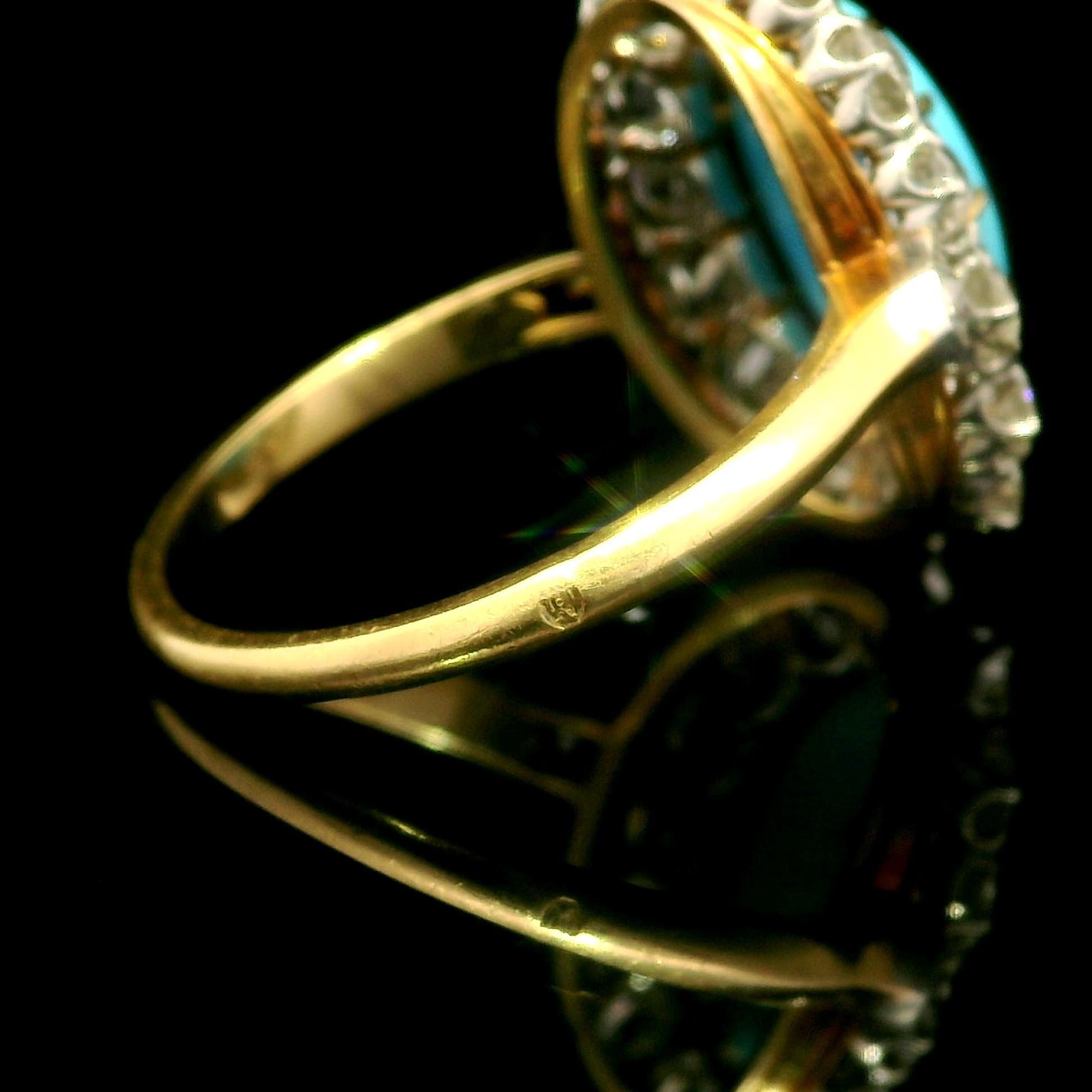 Anillo de diamantes talla antigua en oro y platino de 18 quilates con turquesa francesa eduardiana Eduardiano en venta