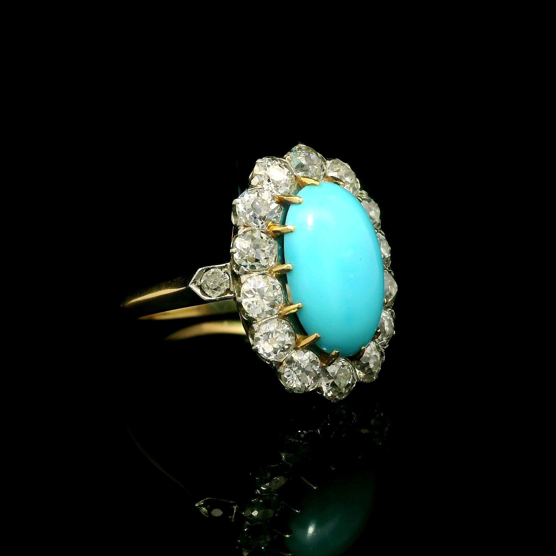 Anillo de diamantes talla antigua en oro y platino de 18 quilates con turquesa francesa eduardiana en Excelente estado para la venta en Montclair, NJ