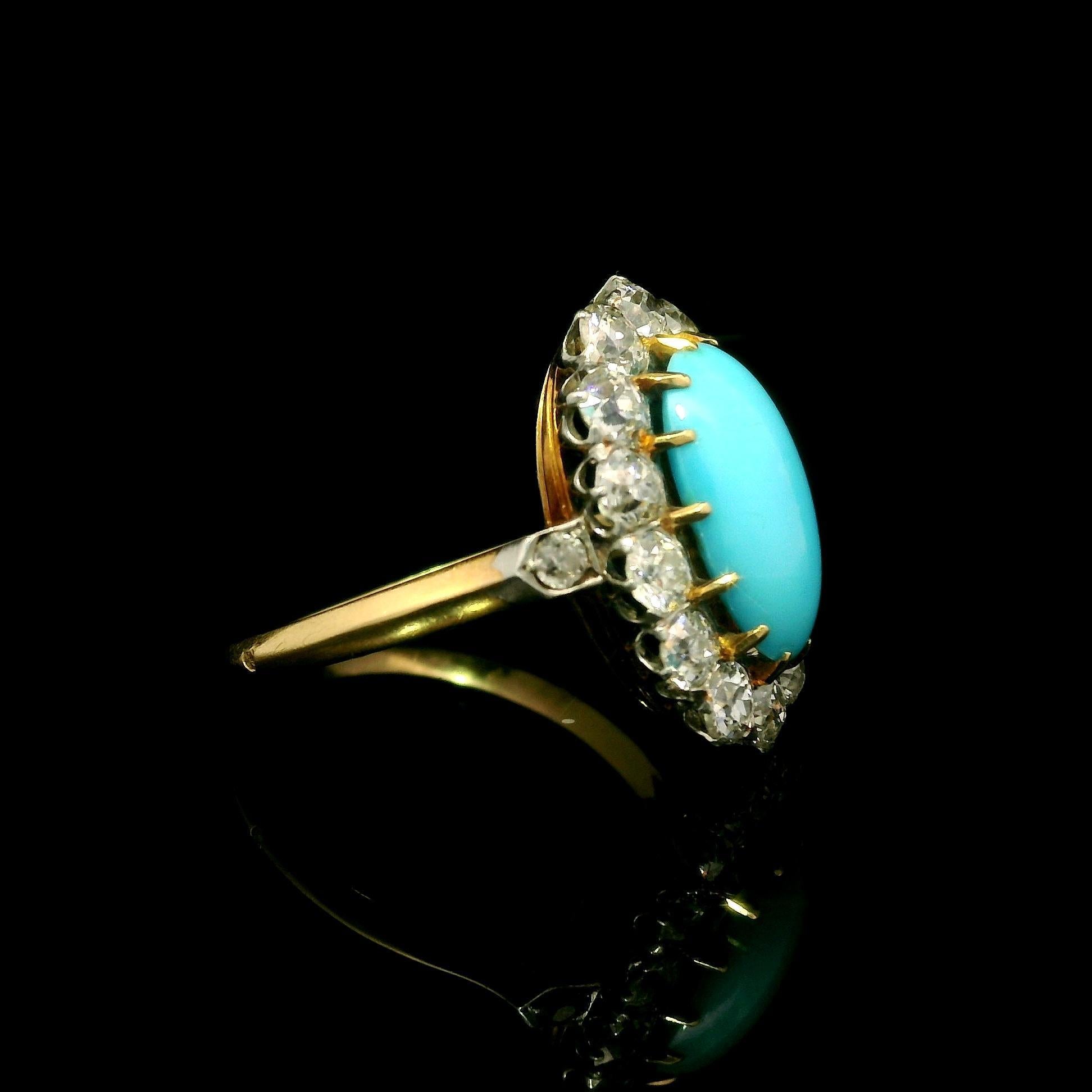 De las mujeres Anillo de diamantes talla antigua en oro y platino de 18 quilates con turquesa francesa eduardiana en venta