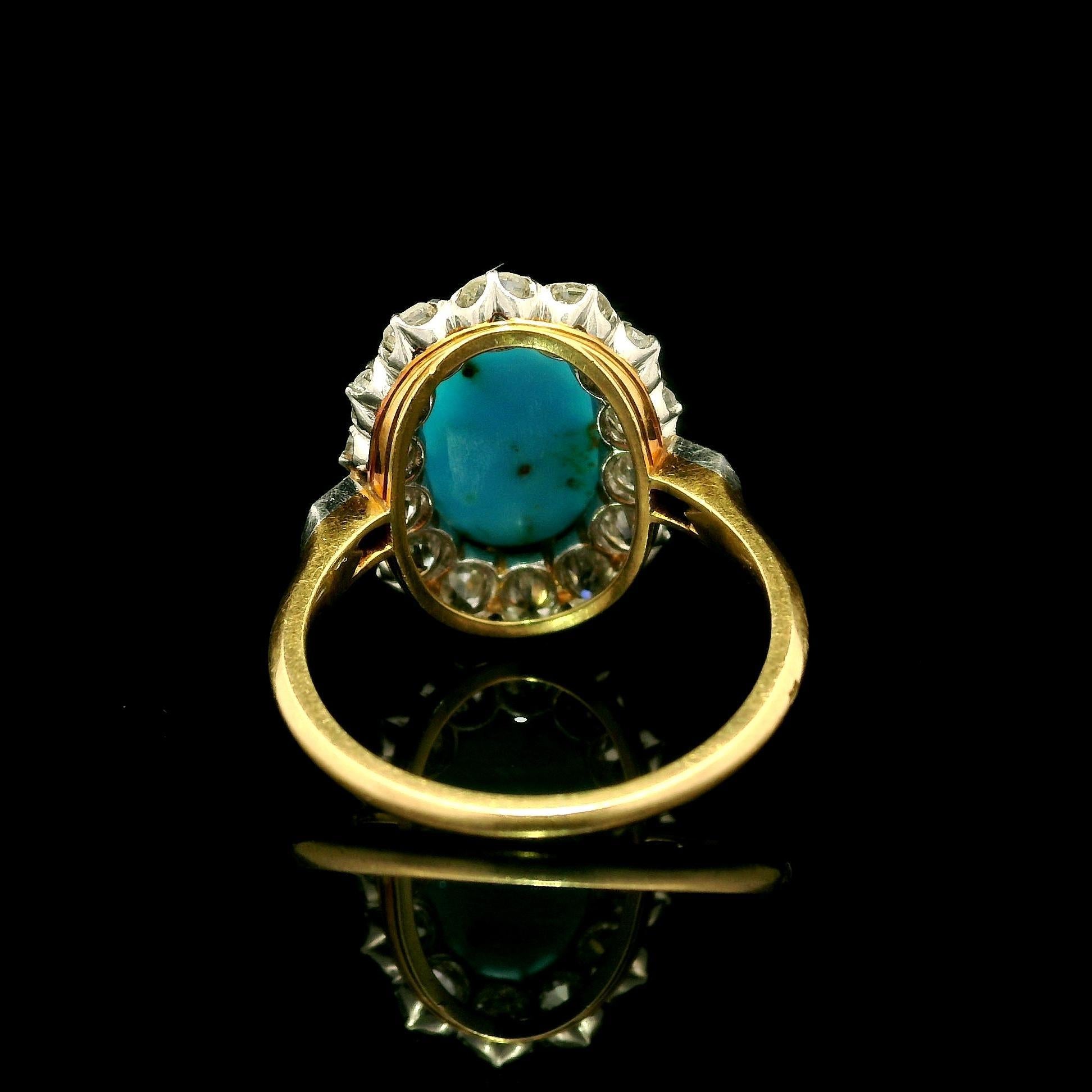 Anillo de diamantes talla antigua en oro y platino de 18 quilates con turquesa francesa eduardiana en venta 1