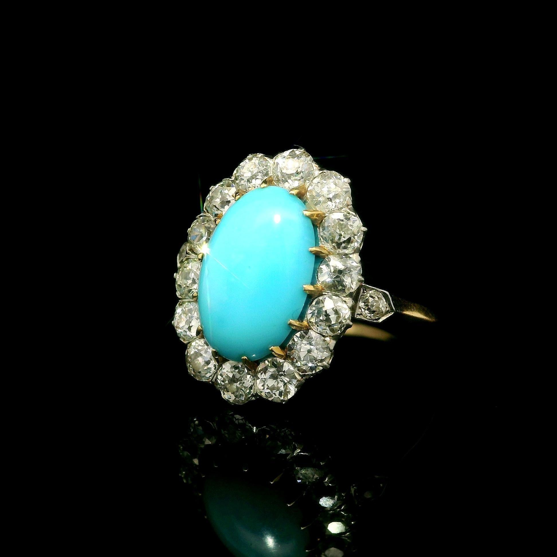 Anillo de diamantes talla antigua en oro y platino de 18 quilates con turquesa francesa eduardiana en venta 2