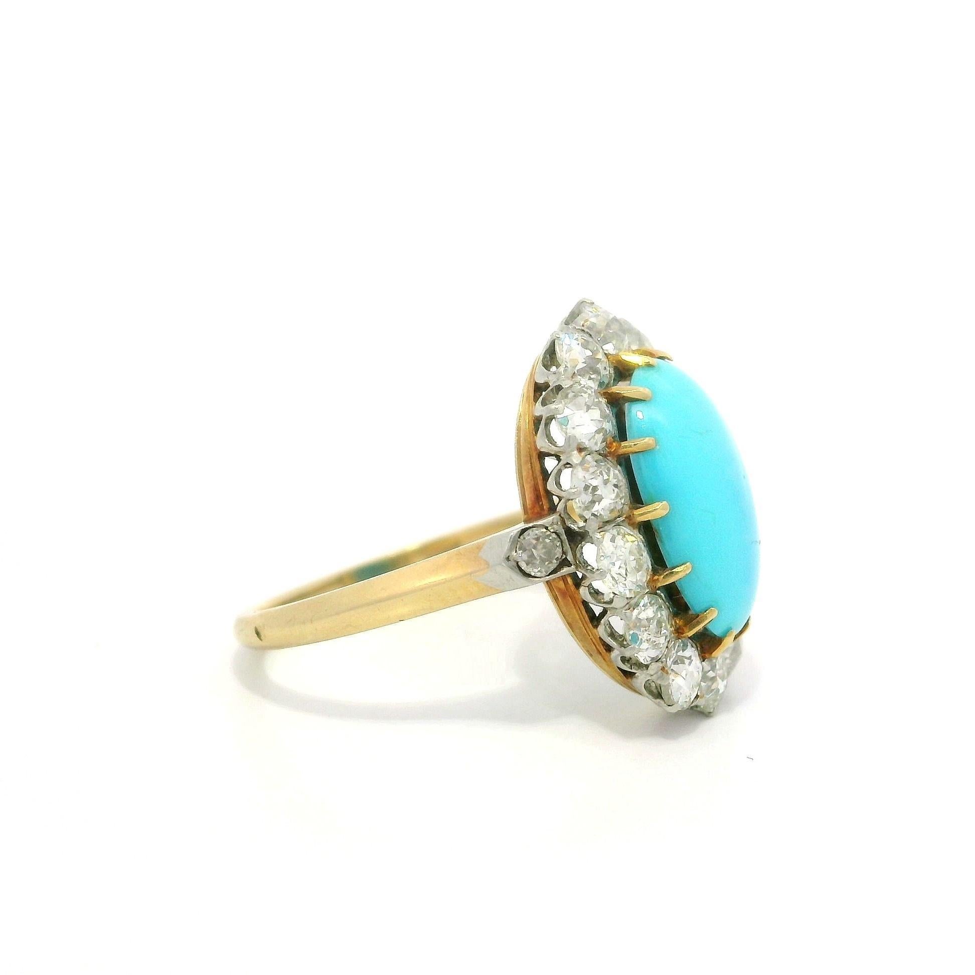 Anillo de diamantes talla antigua en oro y platino de 18 quilates con turquesa francesa eduardiana en venta 3