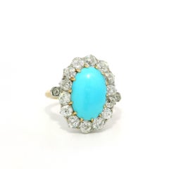 French Antique Edwardian 18k Gold & Platinum Turquoise Old Mine Cut Diamond Ring
