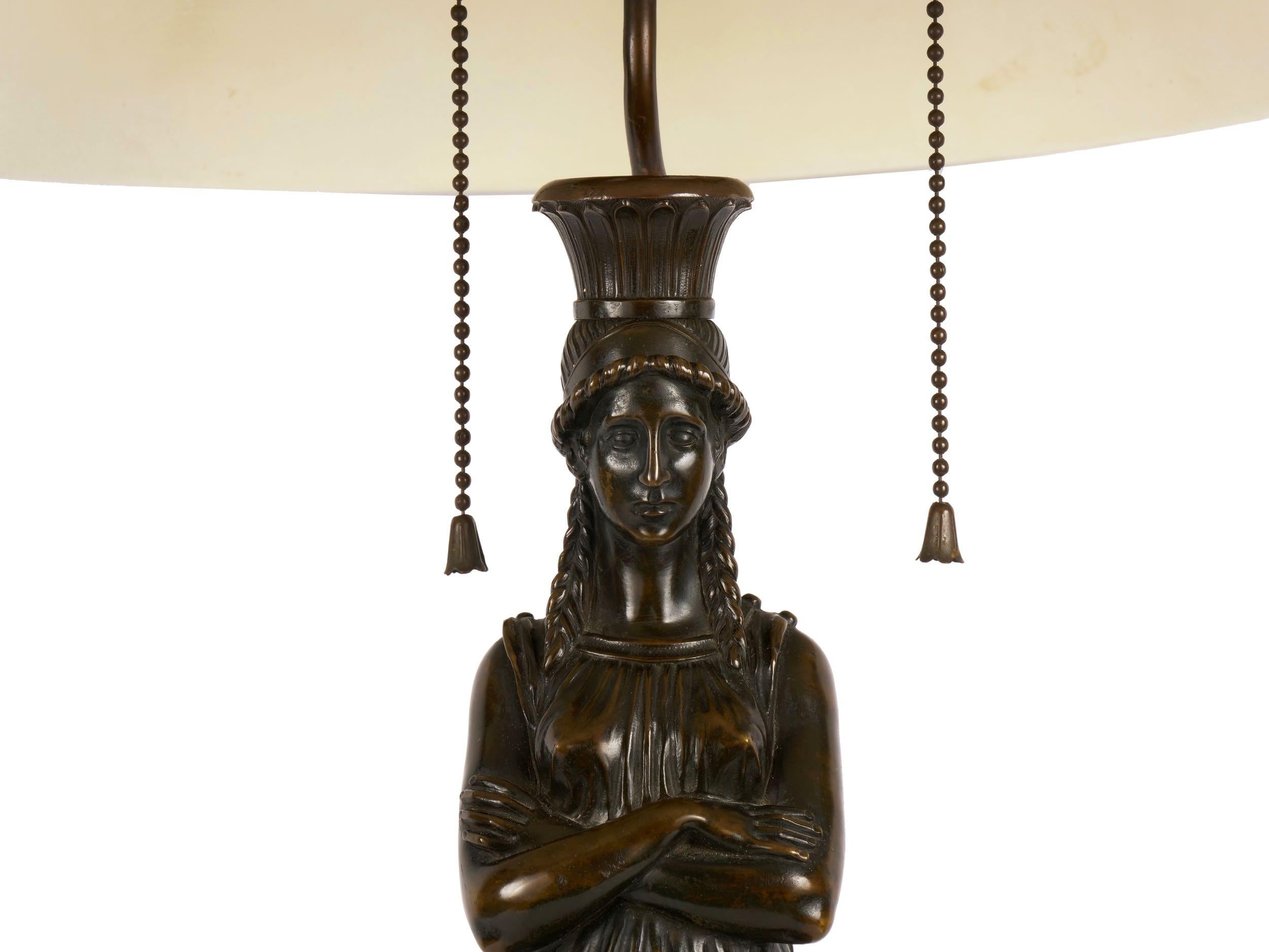 French Antique Egyptian Figural Bronze Sculpture Lamp Light with Tole Shade 5