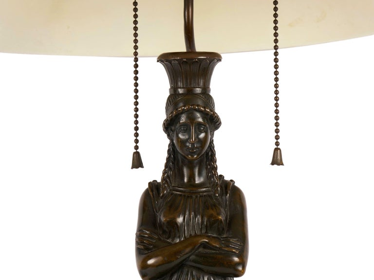 French Antique Egyptian Figural Bronze Sculpture Lamp Light with Tole Shade For Sale 6