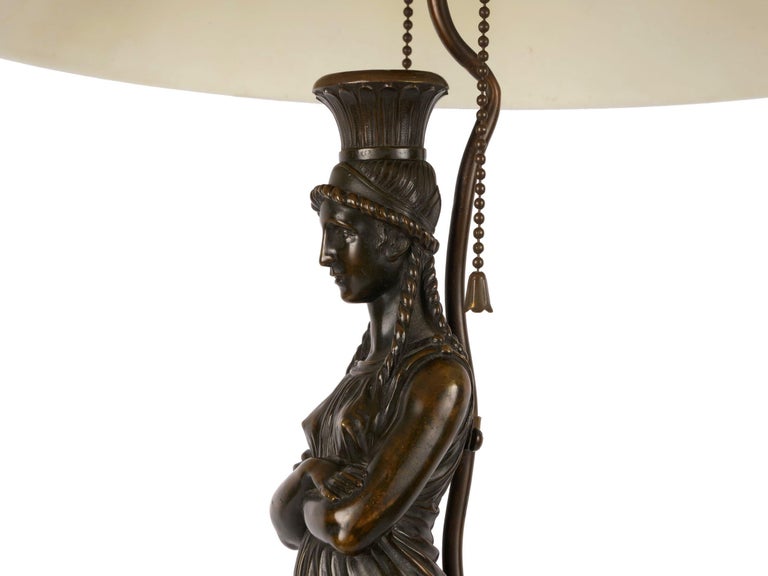 French Antique Egyptian Figural Bronze Sculpture Lamp Light with Tole Shade For Sale 9