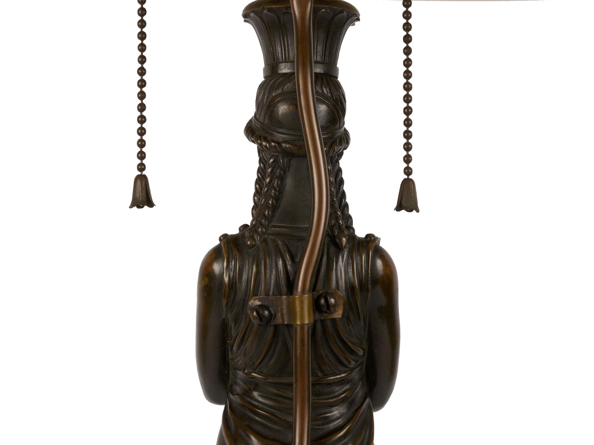 French Antique Egyptian Figural Bronze Sculpture Lamp Light with Tole Shade 10