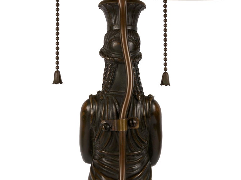 French Antique Egyptian Figural Bronze Sculpture Lamp Light with Tole Shade For Sale 11