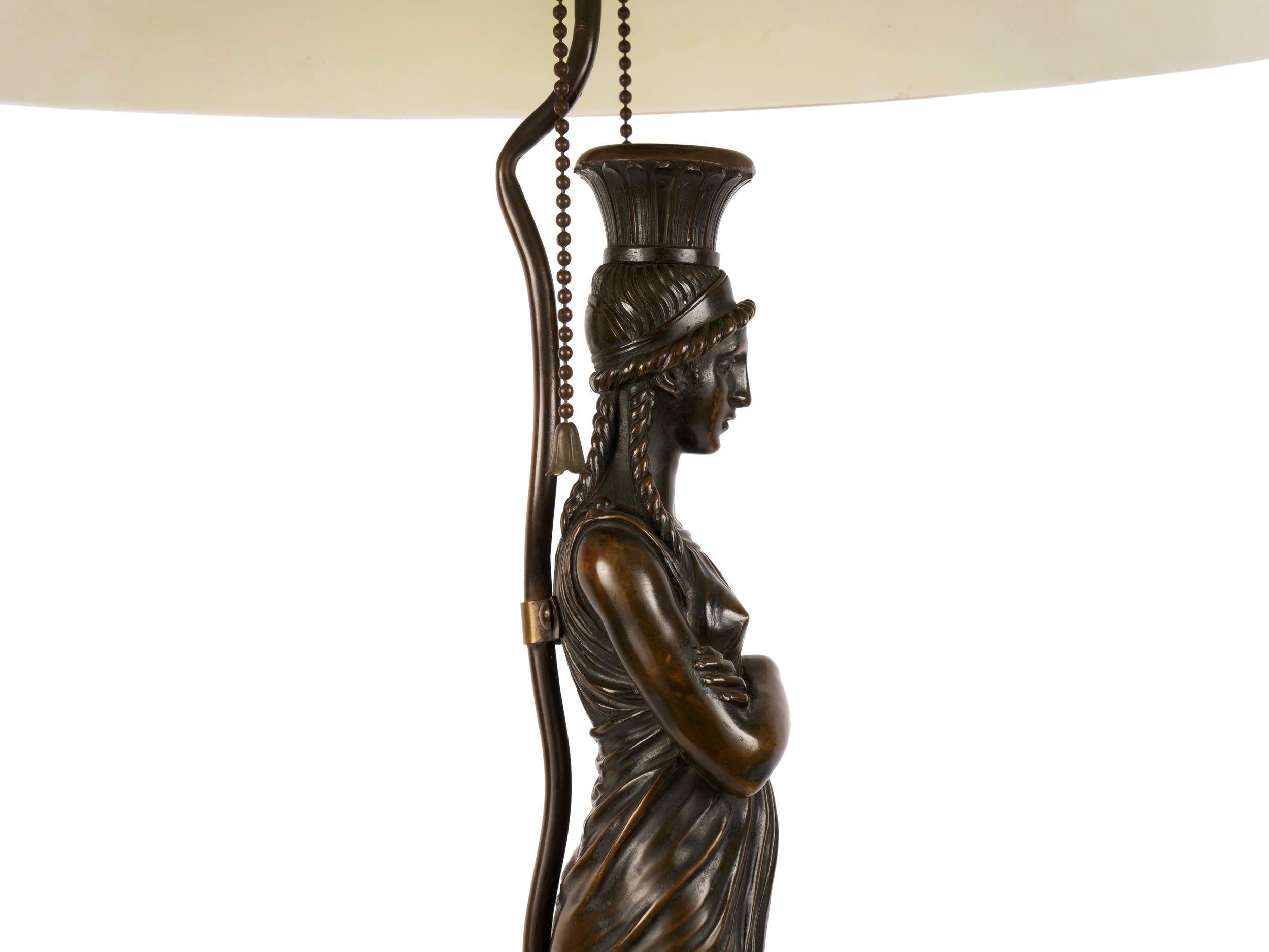 French Antique Egyptian Figural Bronze Sculpture Lamp Light with Tole Shade 13