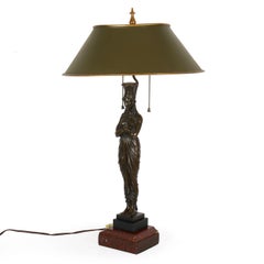 French Antique Egyptian Figural Bronze Sculpture Lamp Light with Tole Shade