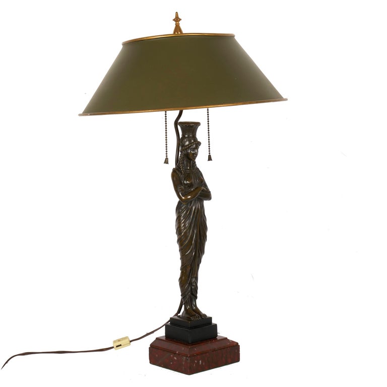 French Antique Egyptian Figural Bronze Sculpture Lamp Light with Tole Shade In Good Condition For Sale In Shippensburg, PA