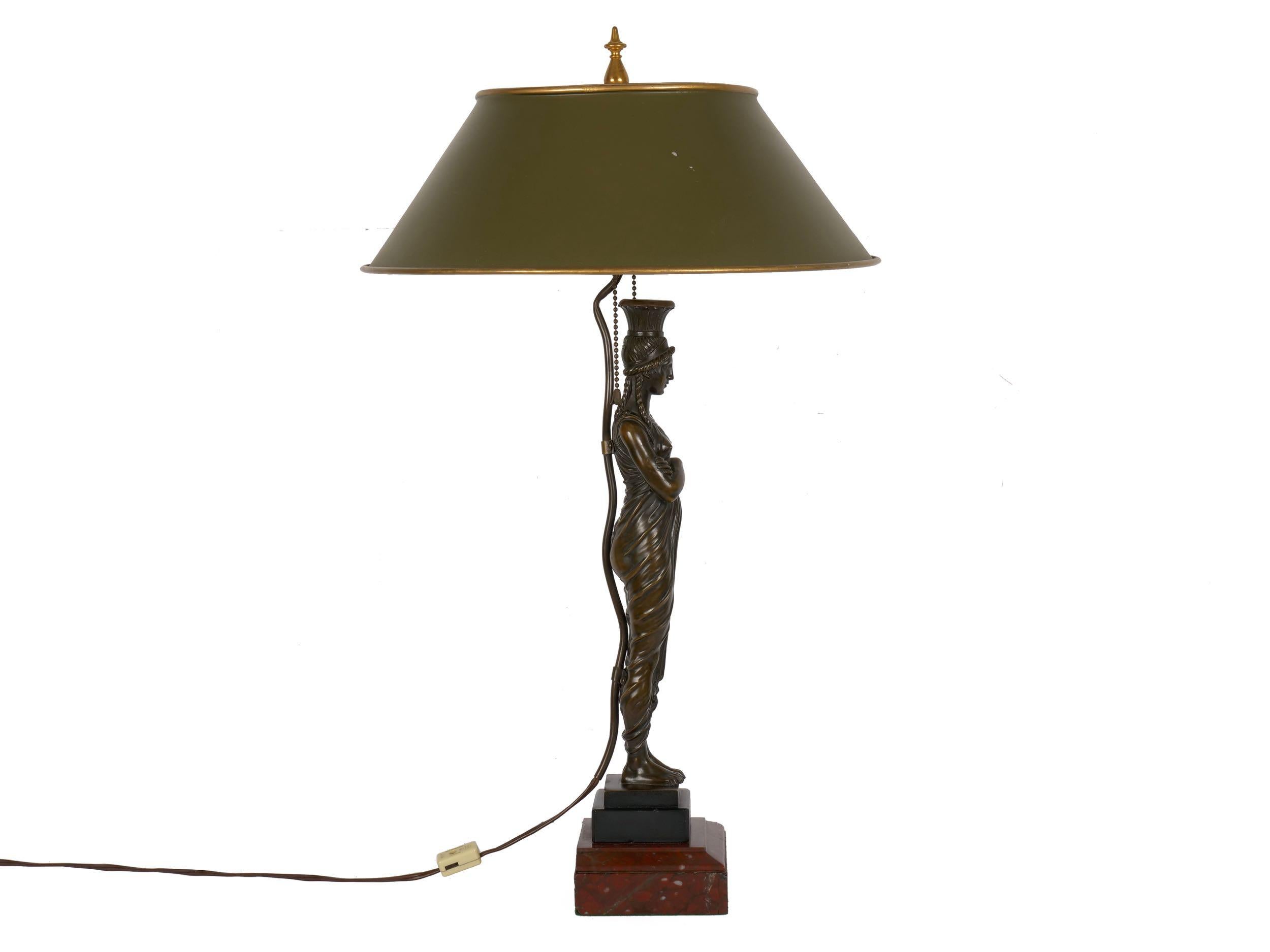 French Antique Egyptian Figural Bronze Sculpture Lamp Light with Tole Shade In Good Condition In Shippensburg, PA