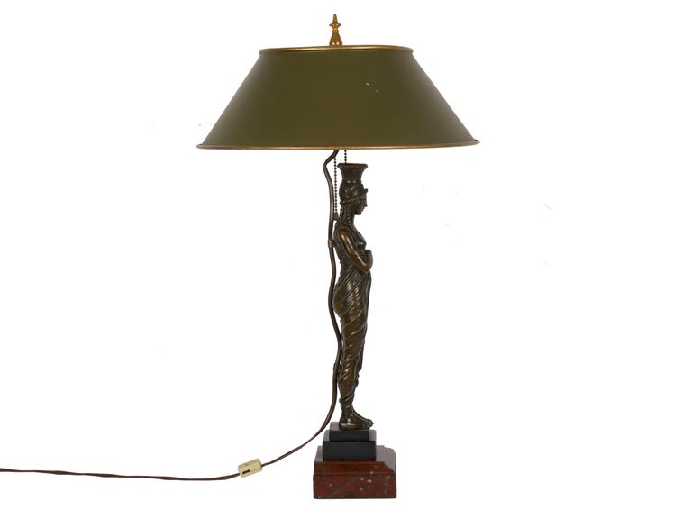 20th Century French Antique Egyptian Figural Bronze Sculpture Lamp Light with Tole Shade For Sale