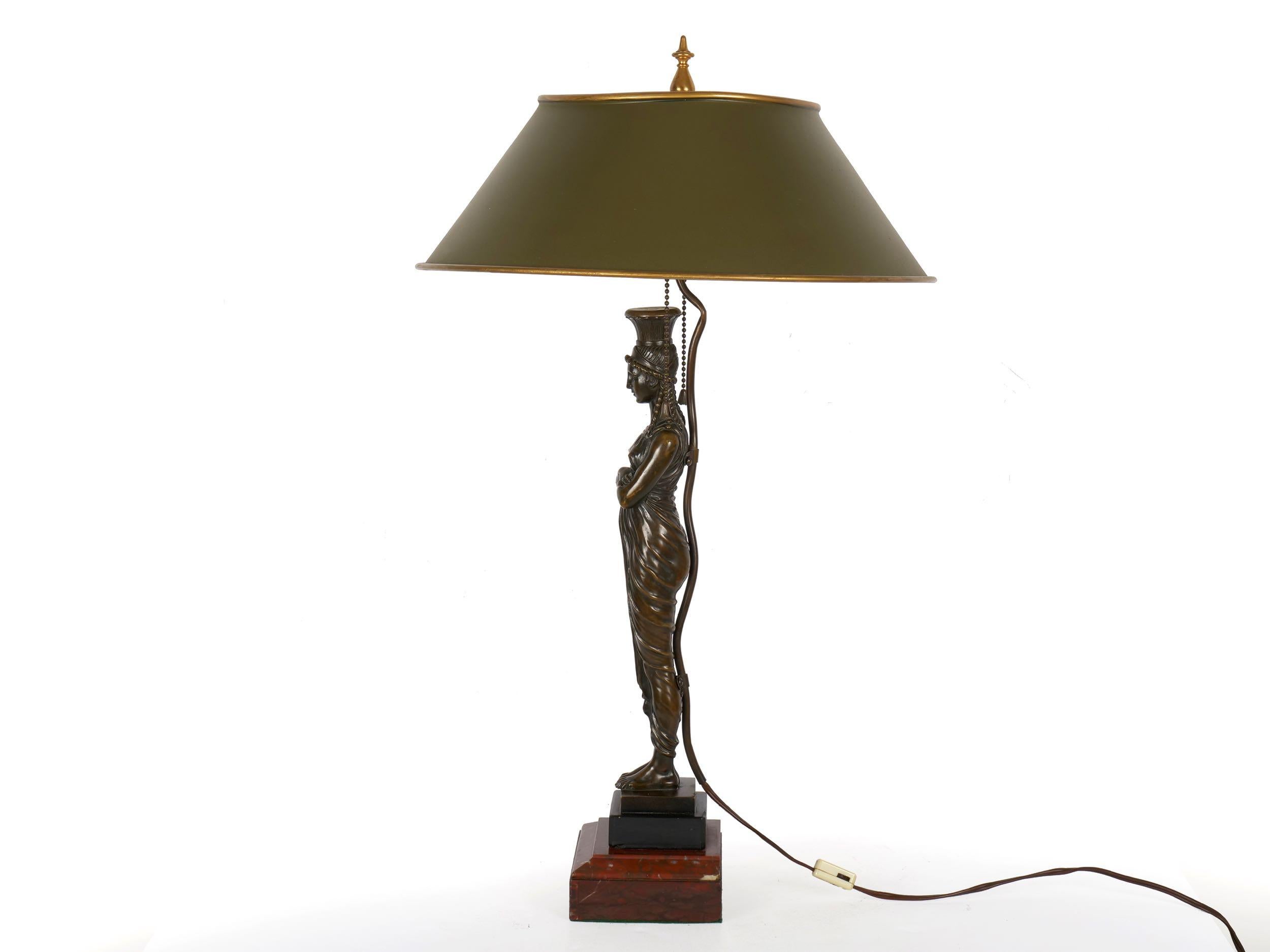 20th Century French Antique Egyptian Figural Bronze Sculpture Lamp Light with Tole Shade