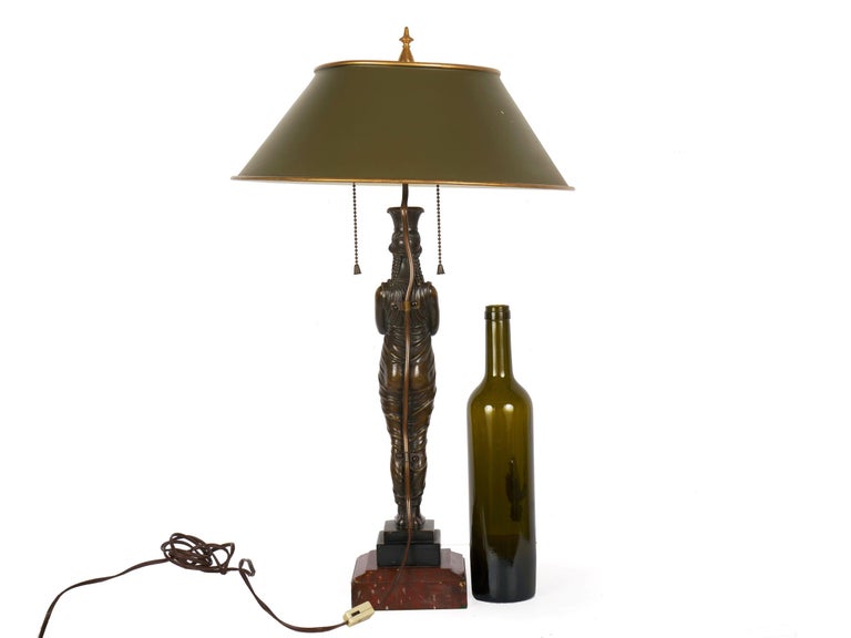 French Antique Egyptian Figural Bronze Sculpture Lamp Light with Tole Shade For Sale 2