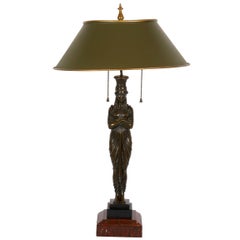 French Antique Egyptian Figural Bronze Sculpture Lamp Light with Tole Shade
