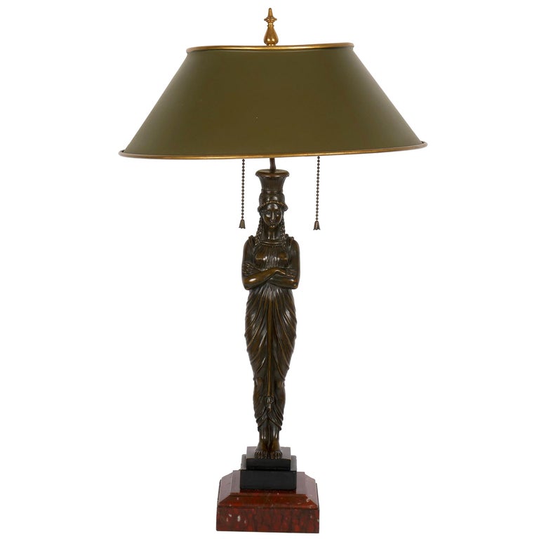 French Antique Egyptian Figural Bronze Sculpture Lamp Light with Tole Shade For Sale