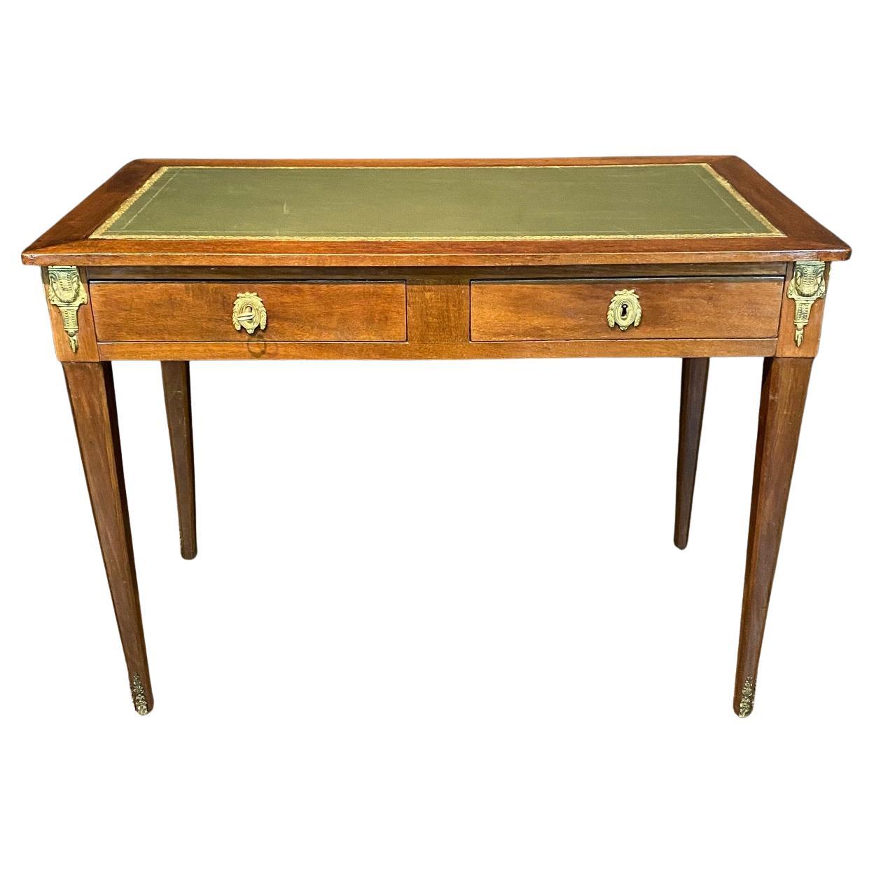 Antique French bureau à dessus en cuir gaufré avec deux tiroirs et clé d'origine