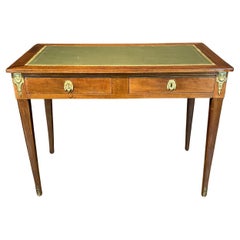 French Antique Embossed Leather Top Desk with Two Drawers and Original Key French Antique Embossed Leather Top Desk with Two Drawers and Original Key