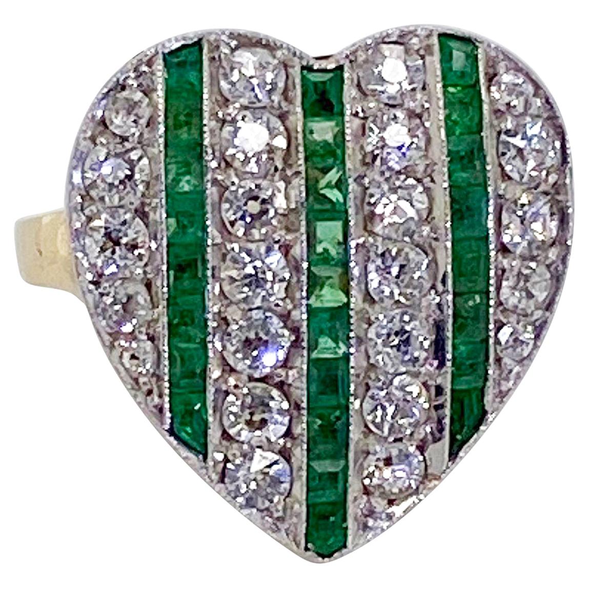 French Antique Emerald and Diamond Heart Ring
