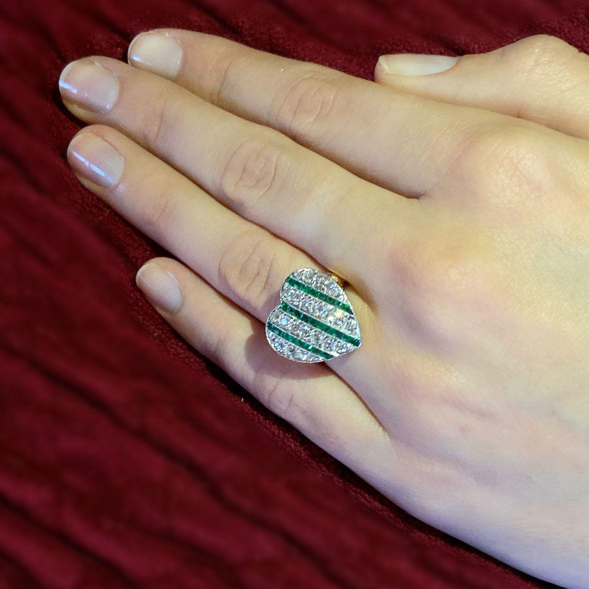 French Antique Emerald and Diamond Heart Ring 1