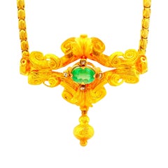 French Antique Emerald Diamond 18K Yellow Gold Necklace